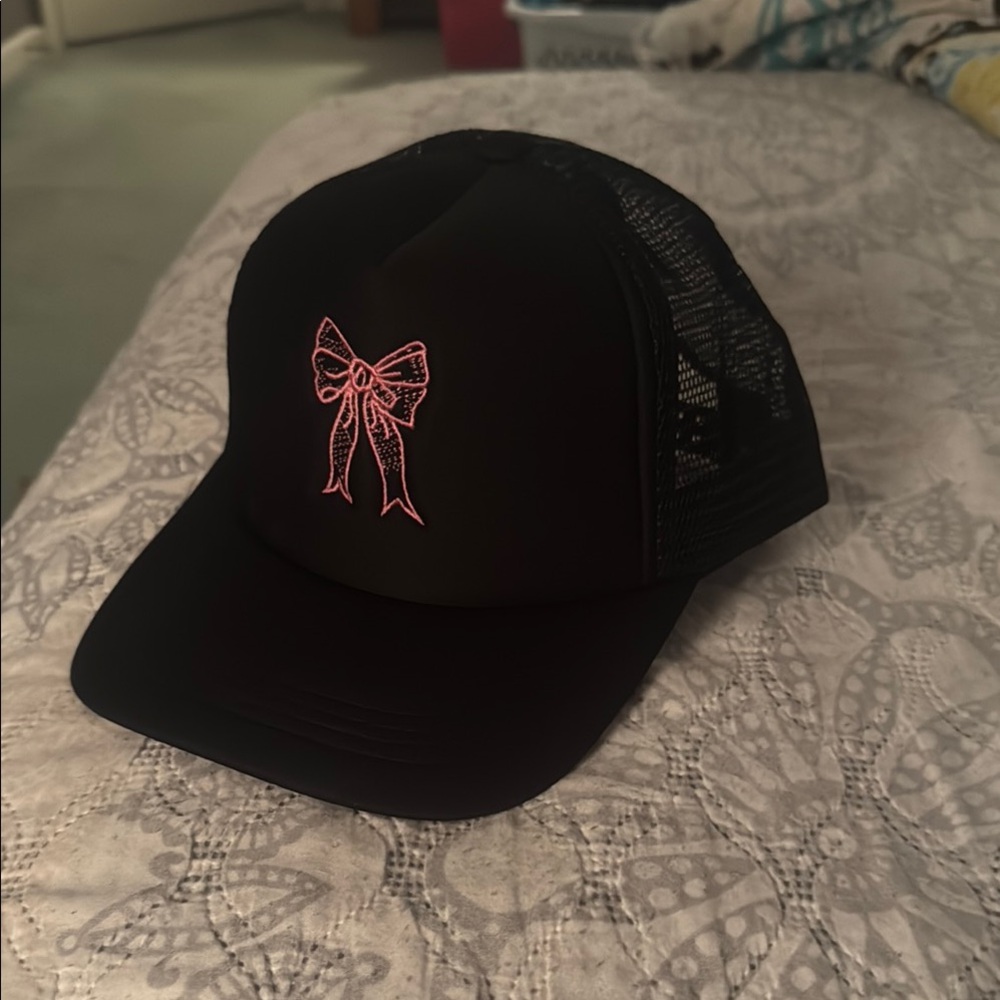 Black Trucker Hat with Pink Bow- NWOT